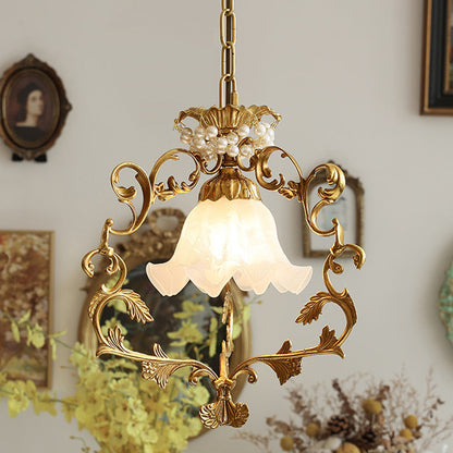 Traditional French Full Brass Pearl Morning Glory Glass Lampshade 1 - Light Pendant Light For Living Room