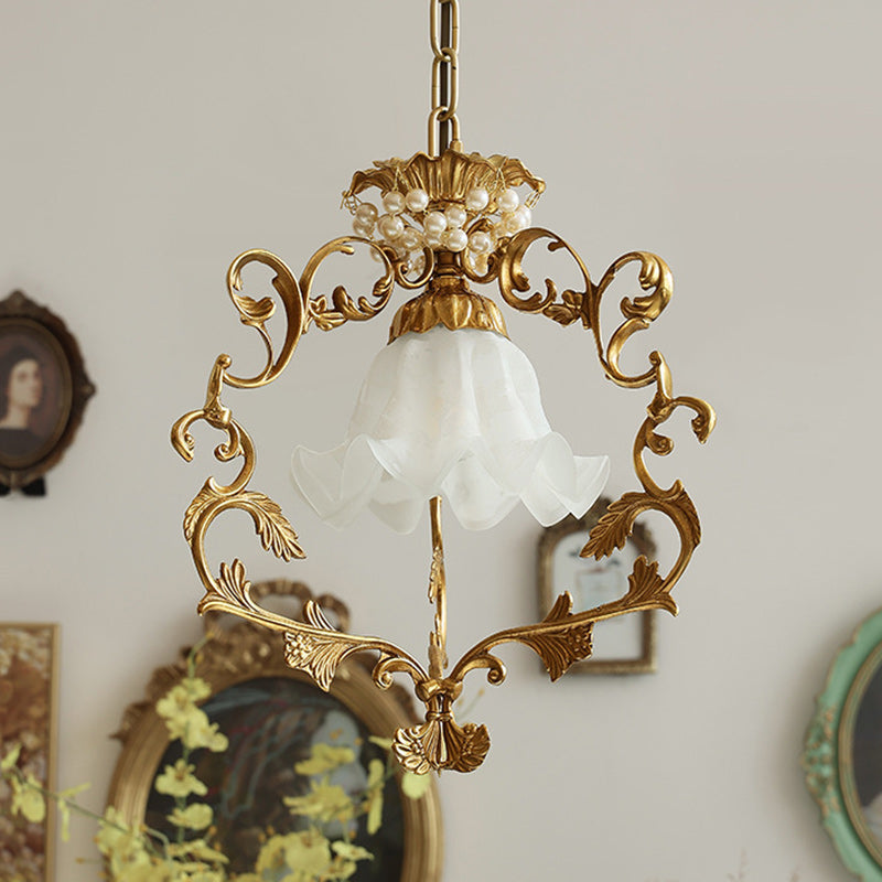 Traditional French Full Brass Pearl Morning Glory Glass Lampshade 1 - Light Pendant Light For Living Room