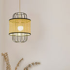 Contemporary Boho Cylinder Plastic Rattan Weaving Iron 1 - Light Pendant Light For Living Room