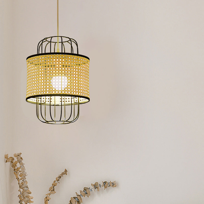Contemporary Boho Cylinder Plastic Rattan Weaving Iron 1 - Light Pendant Light For Living Room