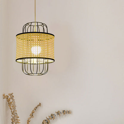 Contemporary Boho Cylinder Plastic Rattan Weaving Iron 1 - Light Pendant Light For Living Room