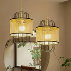 Contemporary Boho Cylinder Plastic Rattan Weaving Iron 1 - Light Pendant Light For Living Room
