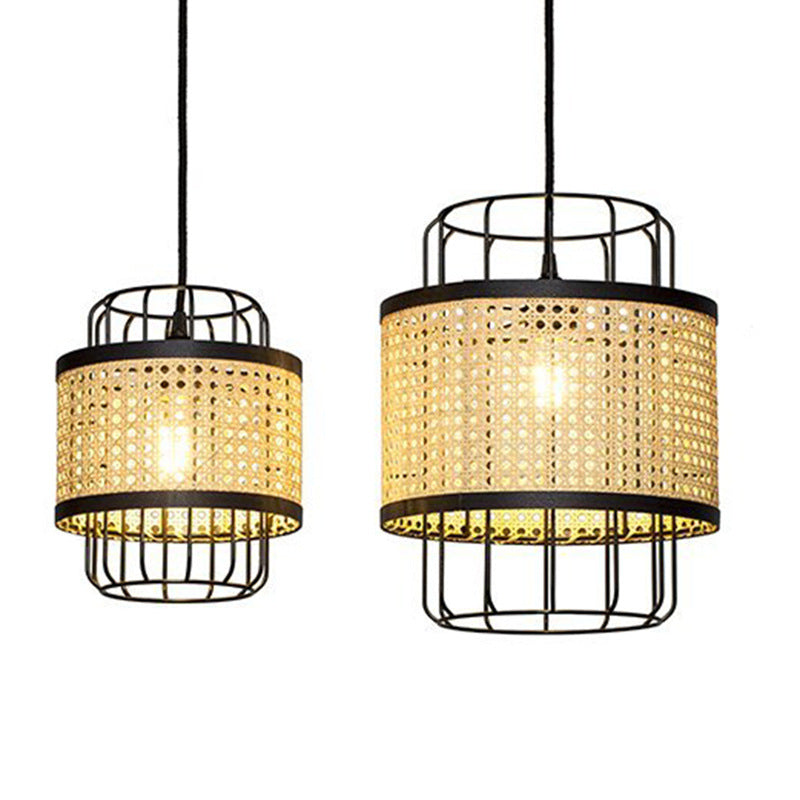 Contemporary Boho Cylinder Plastic Rattan Weaving Iron 1 - Light Pendant Light For Living Room