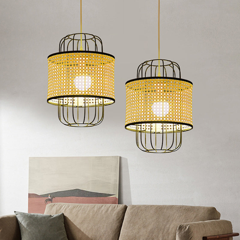 Contemporary Boho Cylinder Plastic Rattan Weaving Iron 1 - Light Pendant Light For Living Room