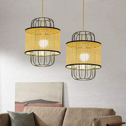 Contemporary Boho Cylinder Plastic Rattan Weaving Iron 1 - Light Pendant Light For Living Room