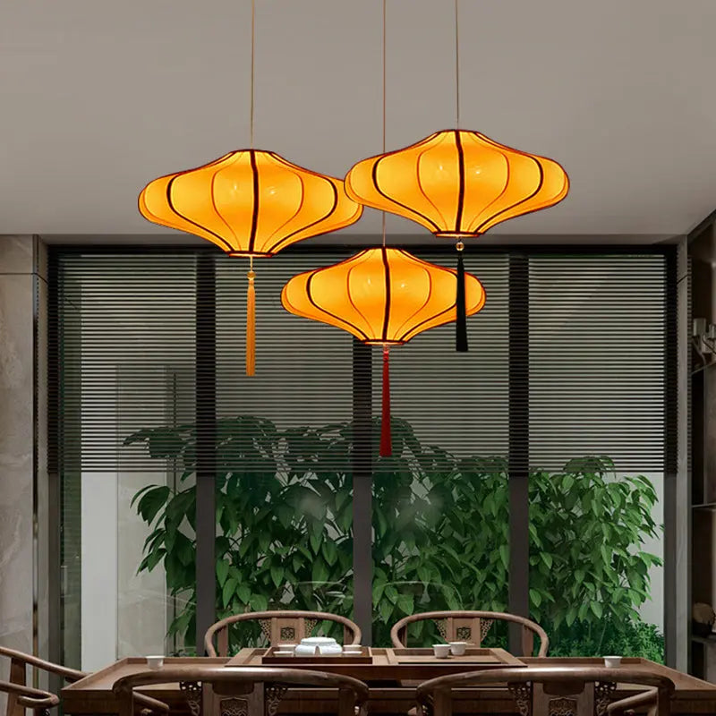 Traditional Chinese Lantern Shape Fabric Lampshade Metal 1/3 - Light Chandelier for Dining Room Lumendat