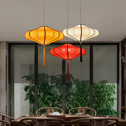 Traditional Chinese Lantern Shape Fabric Lampshade Metal 1/3 - Light Chandelier for Dining Room