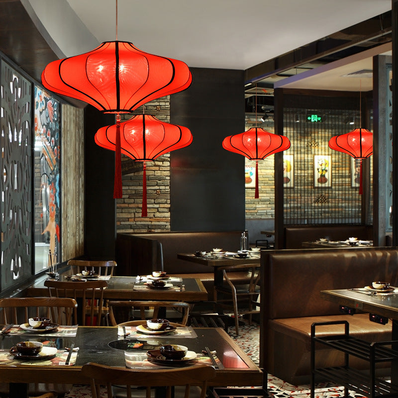 Traditional Chinese Lantern Shape Fabric Lampshade Metal 1/3 - Light Chandelier for Dining Room