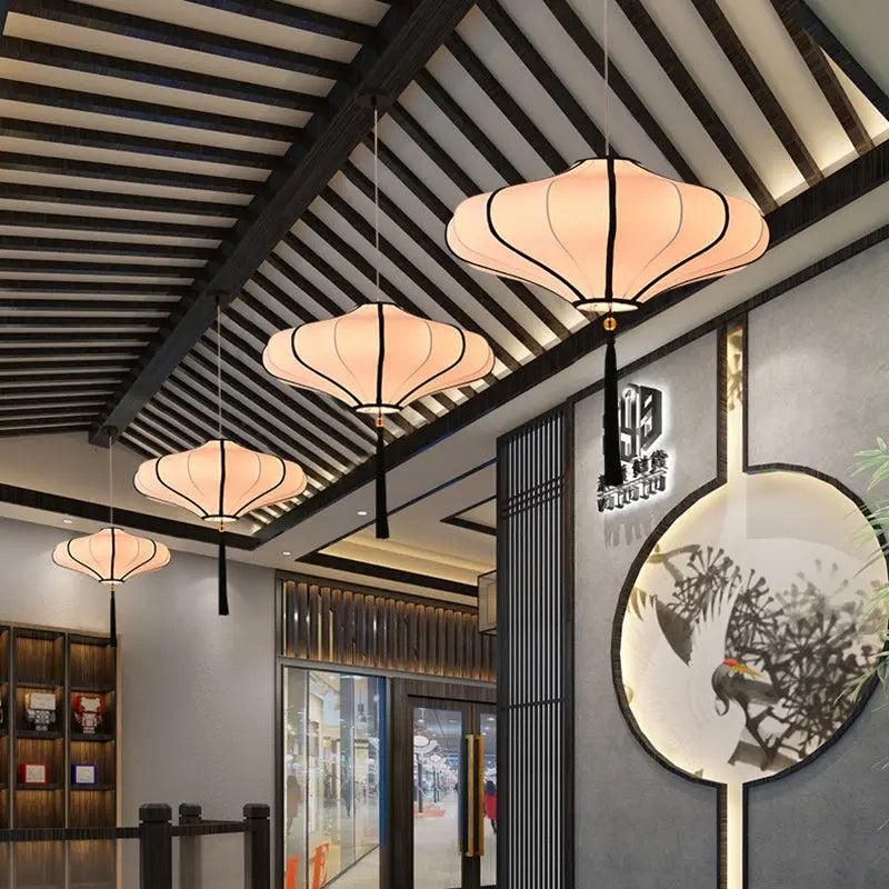 Traditional Chinese Lantern Shape Fabric Lampshade Metal 1/3 - Light Chandelier for Dining Room Lumendat