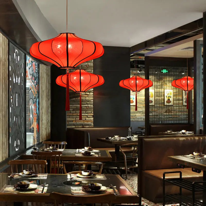 Traditional Chinese Lantern Shape Fabric Lampshade Metal 1/3 - Light Chandelier for Dining Room Lumendat