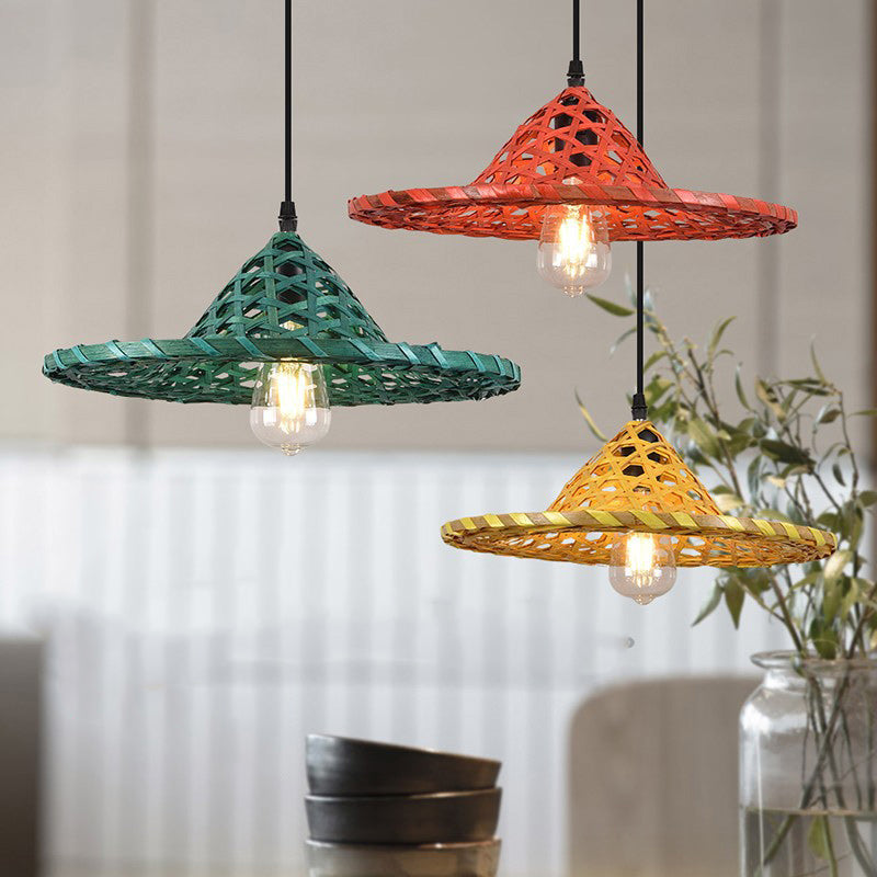 Contemporary Boho Hat Shape Bamboo Weaving Lampshade Iron 1 - Light Pendant Light for Dining Room BulbSquare