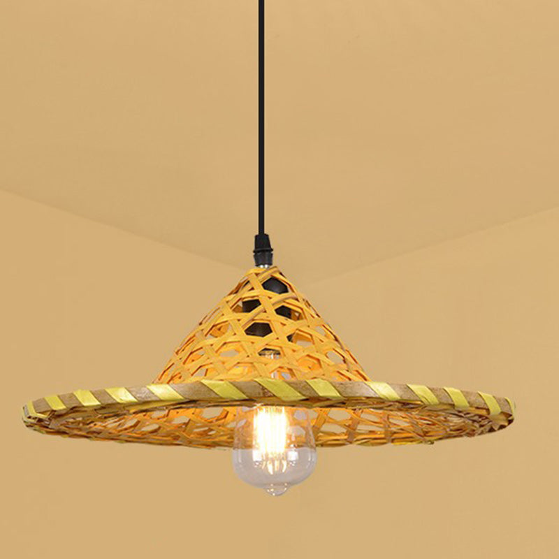 Contemporary Boho Hat Shape Bamboo Weaving Lampshade Iron 1 - Light Pendant Light for Dining Room BulbSquare