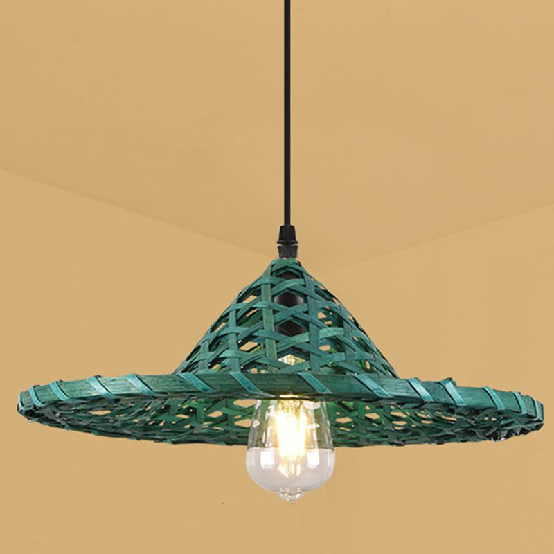 Contemporary Boho Hat Shape Bamboo Weaving Lampshade Iron 1 - Light Pendant Light for Dining Room BulbSquare