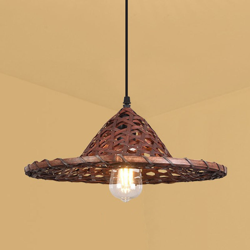 Contemporary Boho Hat Shape Bamboo Weaving Lampshade Iron 1 - Light Pendant Light for Dining Room BulbSquare