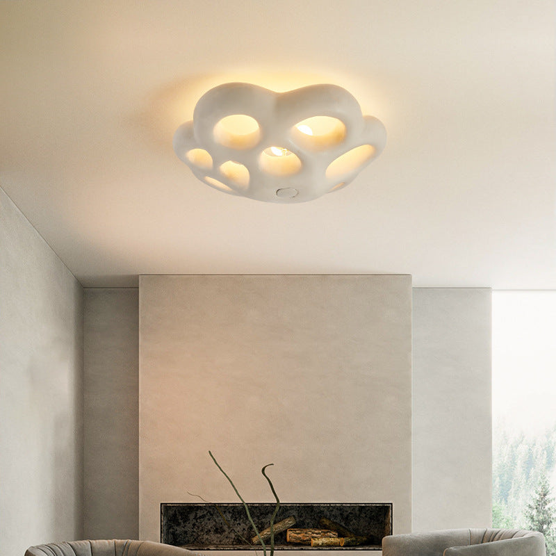 Contemporary Scandinavian Irregular Shape Holes Full Polystyrene Lampshade 3 - Light Flush Mount Ceiling Light For Living Room