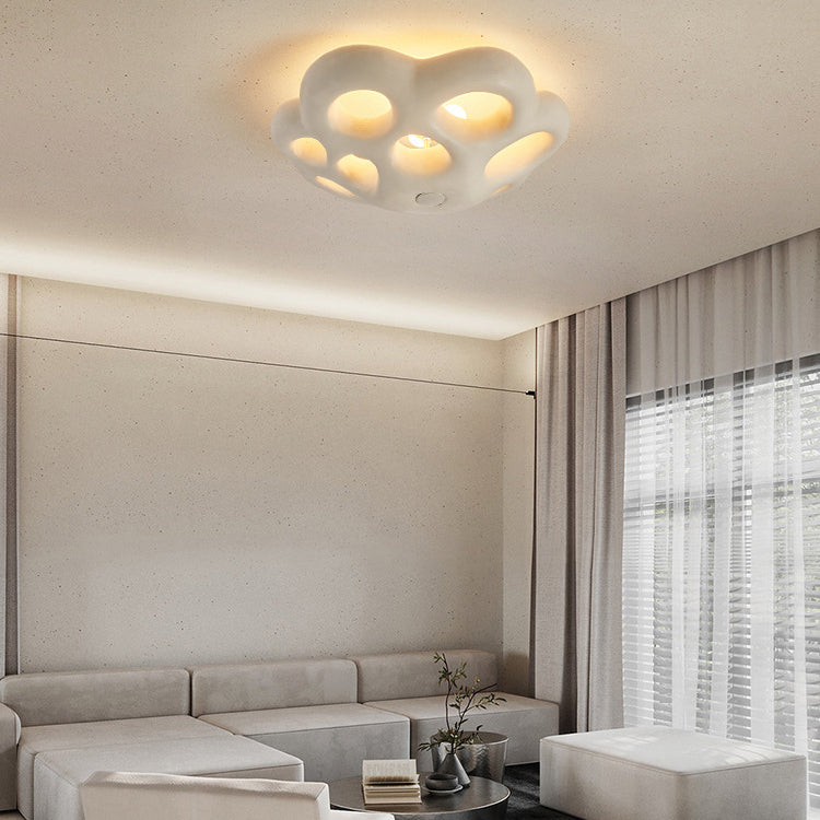 Contemporary Scandinavian Irregular Shape Holes Full Polystyrene Lampshade 3 - Light Flush Mount Ceiling Light For Living Room