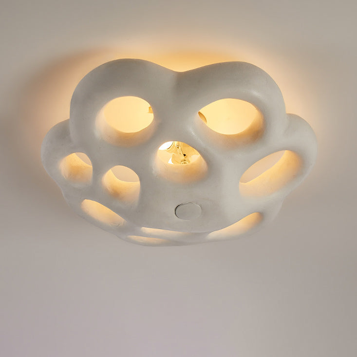 Contemporary Scandinavian Irregular Shape Holes Full Polystyrene Lampshade 3 - Light Flush Mount Ceiling Light For Living Room