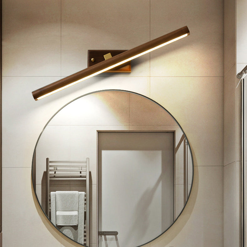 Traditional Japanese Long Cylindrical Straight Line Rotatable Walnut Copper LED Vanity Light Mirror Front Wall Sconce Lamp For Bathroom