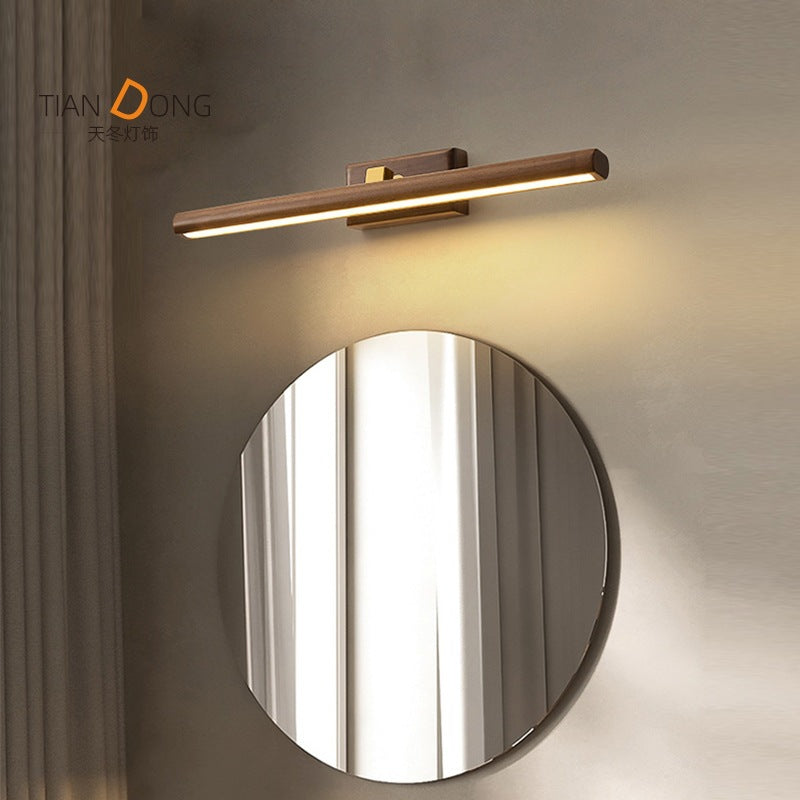 Traditional Japanese Long Cylindrical Straight Line Rotatable Walnut Copper LED Vanity Light Mirror Front Wall Sconce Lamp For Bathroom