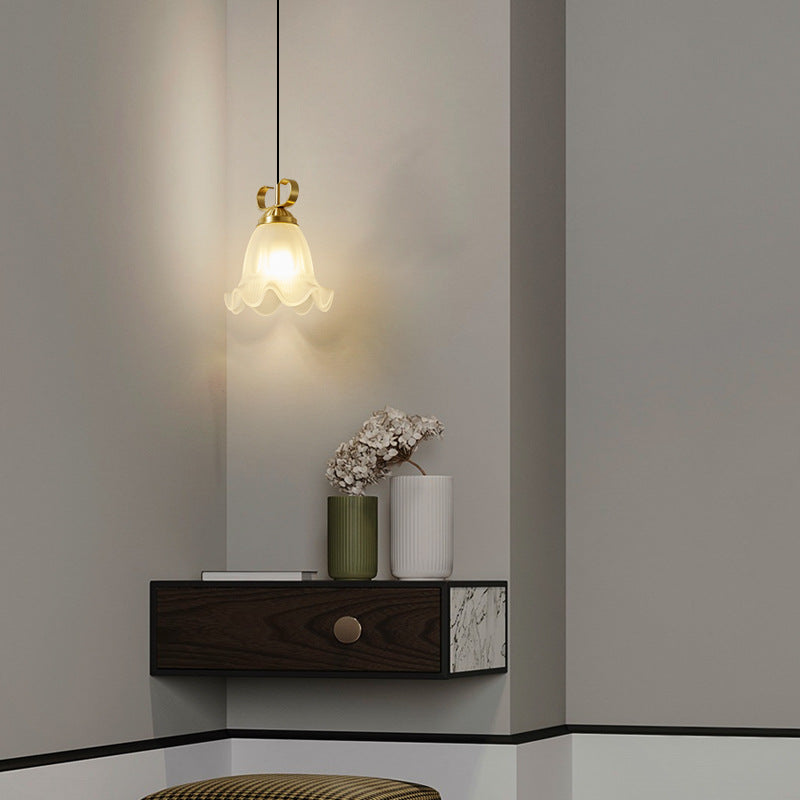 Traditional French Flower Brass Glass Lampshade 1 - Light Pendant Light For Living Room