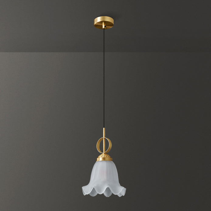 Traditional French Flower Brass Glass Lampshade 1 - Light Pendant Light For Living Room