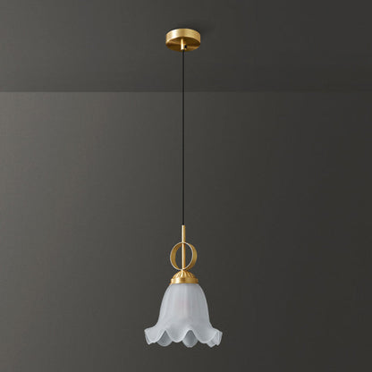 Traditional French Flower Brass Glass Lampshade 1 - Light Pendant Light For Living Room