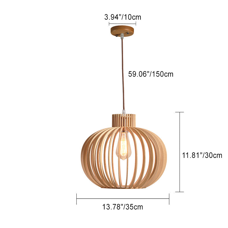 Traditional Japanese Pumpkin Round Solid Wood Lampshade 1 - Light Pendant Light For Dining Room