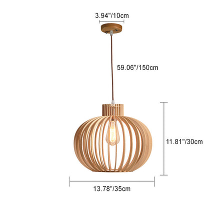Traditional Japanese Pumpkin Round Solid Wood Lampshade 1 - Light Pendant Light For Dining Room