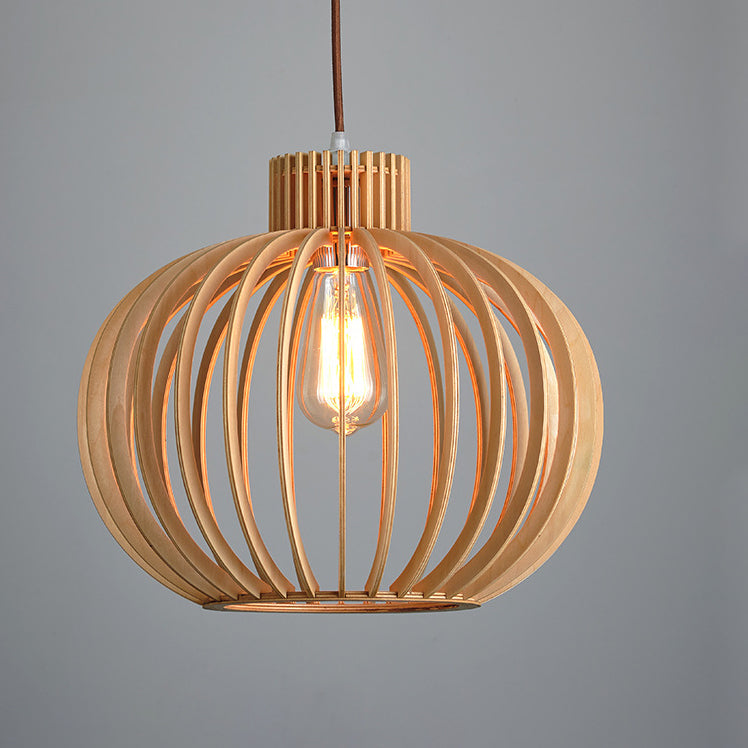 Traditional Japanese Pumpkin Round Solid Wood Lampshade 1 - Light Pendant Light For Dining Room