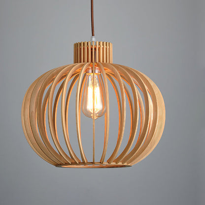 Traditional Japanese Pumpkin Round Solid Wood Lampshade 1 - Light Pendant Light For Dining Room