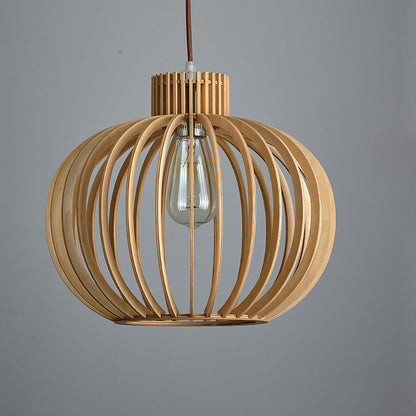 Traditional Japanese Pumpkin Round Solid Wood Lampshade 1 - Light Pendant Light For Dining Room