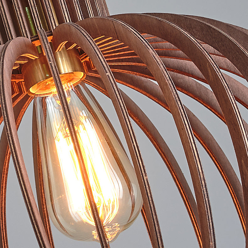Traditional Japanese Pumpkin Round Solid Wood Lampshade 1 - Light Pendant Light For Dining Room