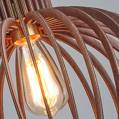Traditional Japanese Pumpkin Round Solid Wood Lampshade 1 - Light Pendant Light For Dining Room