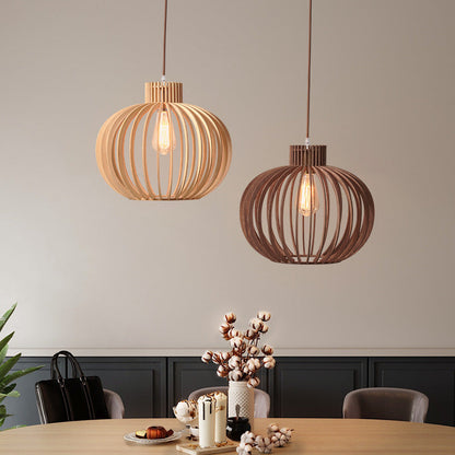 Traditional Japanese Pumpkin Round Solid Wood Lampshade 1 - Light Pendant Light For Dining Room