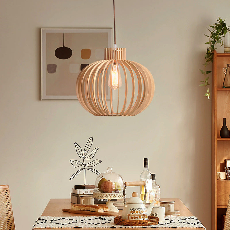 Traditional Japanese Pumpkin Round Solid Wood Lampshade 1 - Light Pendant Light For Dining Room