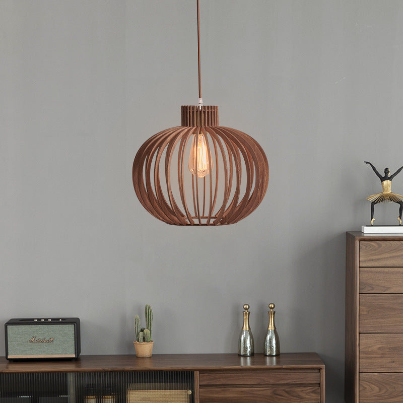Traditional Japanese Pumpkin Round Solid Wood Lampshade 1 - Light Pendant Light For Dining Room