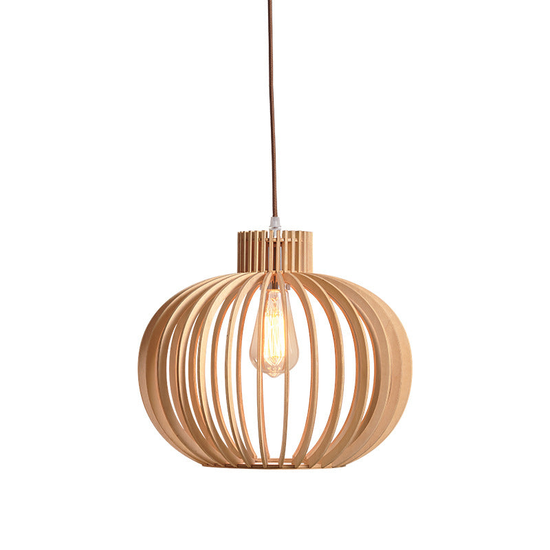 Traditional Japanese Pumpkin Round Solid Wood Lampshade 1 - Light Pendant Light For Dining Room