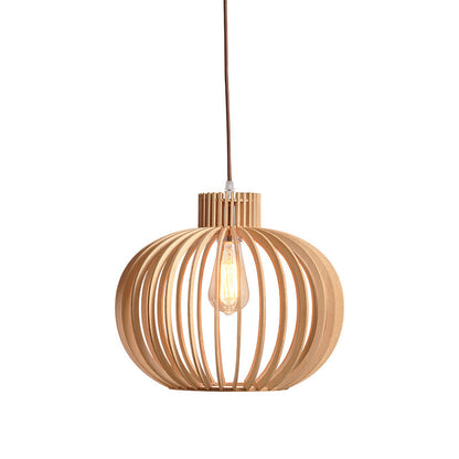 Traditional Japanese Pumpkin Round Solid Wood Lampshade 1 - Light Pendant Light For Dining Room