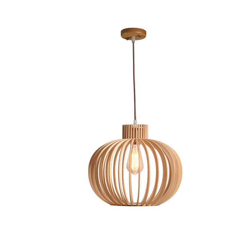 Traditional Japanese Pumpkin Round Solid Wood Lampshade 1 - Light Pendant Light For Dining Room