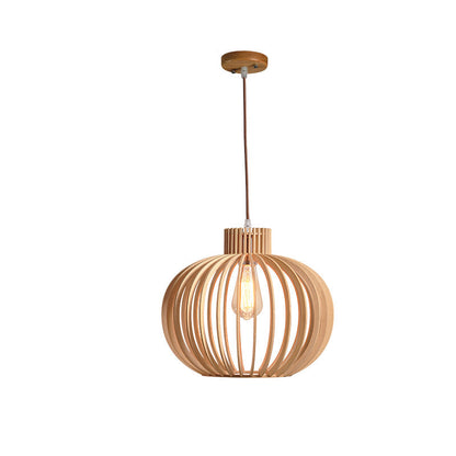 Traditional Japanese Pumpkin Round Solid Wood Lampshade 1 - Light Pendant Light For Dining Room