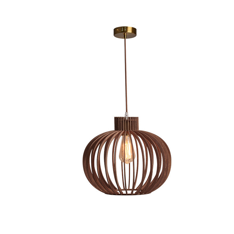 Traditional Japanese Pumpkin Round Solid Wood Lampshade 1 - Light Pendant Light For Dining Room