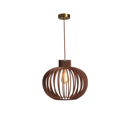 Traditional Japanese Pumpkin Round Solid Wood Lampshade 1 - Light Pendant Light For Dining Room
