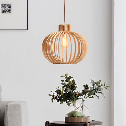 Traditional Japanese Pumpkin Round Solid Wood Lampshade 1 - Light Pendant Light For Dining Room