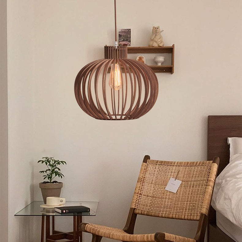 Traditional Japanese Pumpkin Round Solid Wood Lampshade 1 - Light Pendant Light For Dining Room