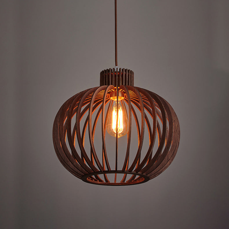 Traditional Japanese Pumpkin Round Solid Wood Lampshade 1 - Light Pendant Light For Dining Room
