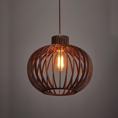 Traditional Japanese Pumpkin Round Solid Wood Lampshade 1 - Light Pendant Light For Dining Room
