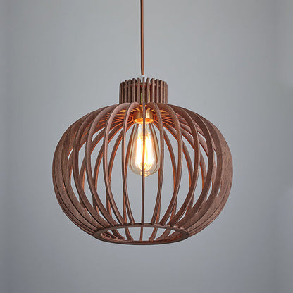 Traditional Japanese Pumpkin Round Solid Wood Lampshade 1 - Light Pendant Light For Dining Room