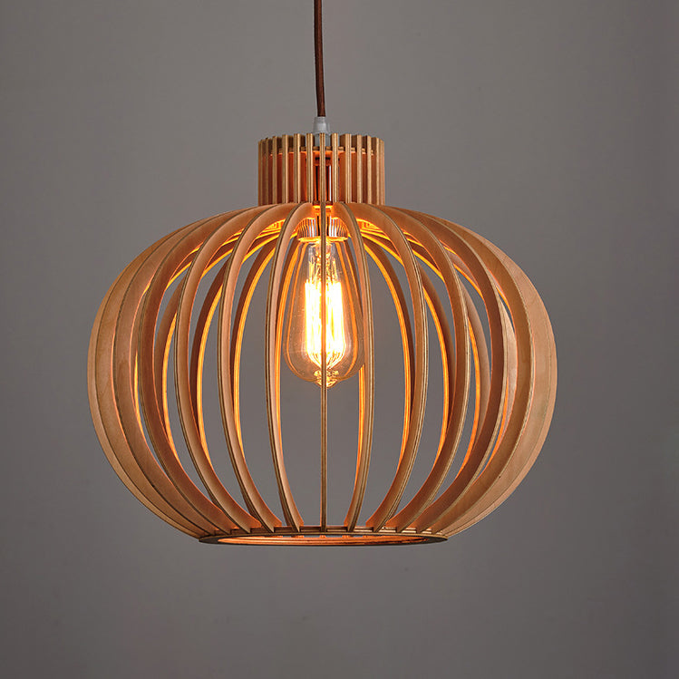 Traditional Japanese Pumpkin Round Solid Wood Lampshade 1 - Light Pendant Light For Dining Room