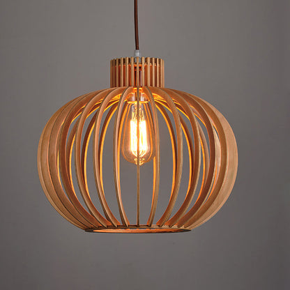 Traditional Japanese Pumpkin Round Solid Wood Lampshade 1 - Light Pendant Light For Dining Room