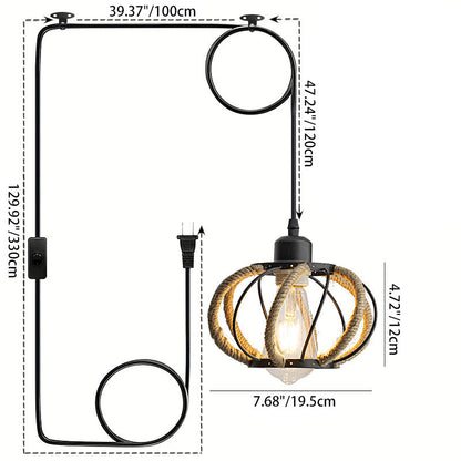 Traditional Rustic Round Polygon Hemp Rope Iron Lampshade 1 - Light Pendant Light For Dining Room